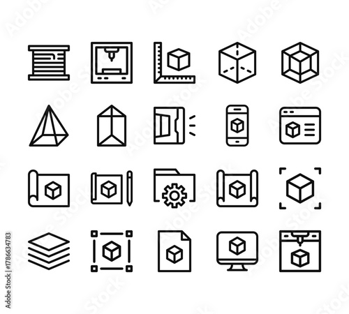 20 set of outline web d printing icons such as d printing, pyramid, prototype, layers, d vector thin icons for report, presentation, diagram, web design, mobile app