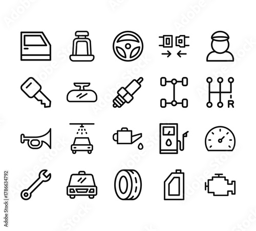20 set of outline web automobile icons such as car, car key, horn, spanner, transportation vector thin icons for report, presentation, diagram, web design, mobile app