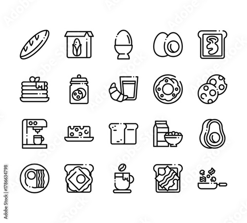 20 set of outline web breakfast icons such as cereal, pancake, coffee hine, egg, coffee vector thin icons for report, presentation, diagram, web design, mobile app