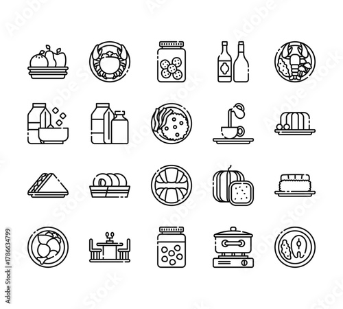 20 set of outline web gastronomy icons such as crab, cereal, sandwich, prawn, peas vector thin icons for report, presentation, diagram, web design, mobile app