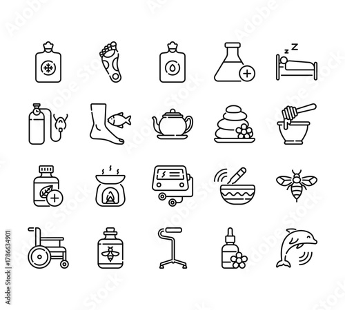 20 set of outline web theraphy icons such as reflexology, oxygen tank, herbal, wheel chair, crutch vector thin icons for report, presentation, diagram, web design, mobile app