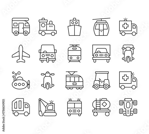 20 set of outline web transport icons such as train, aeroplane, submarine, garbage truck, ambulance vector thin icons for report, presentation, diagram, web design, mobile app