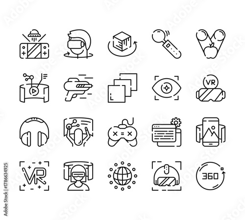 20 set of outline web virtual reality icons such as rotation, video, headphones, vr, internet vector thin icons for report, presentation, diagram, web design, mobile app