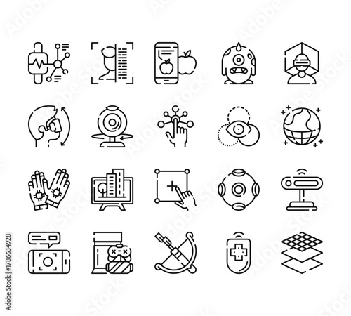 20 set of outline web virtual reality icons such as face detection, virtual reality, gloves, virtual reality, arc vector thin icons for report, presentation, diagram, web design, mobile app