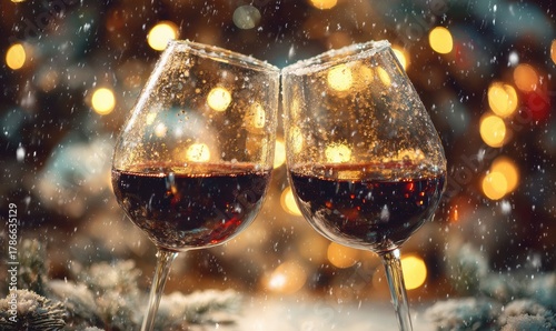 Two wine glasses are filled with red wine and are placed next to each other