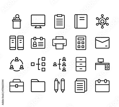 20 set of outline web office icons such as computer, binder, organization, briefcase, stationery vector thin icons for report, presentation, diagram, web design, mobile app