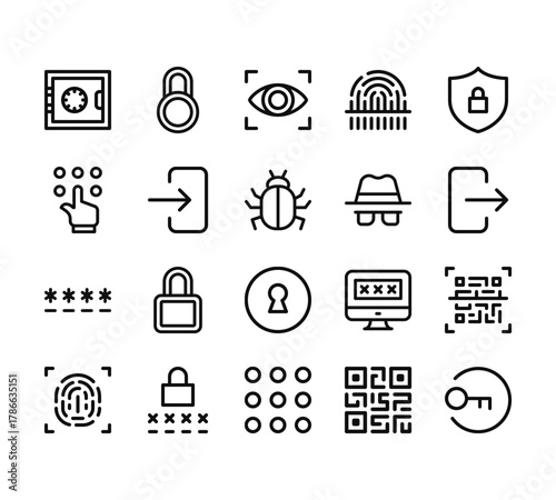 20 set of outline web security icons such as padlock, keypad, password, fingerprint, keypad vector thin icons for report, presentation, diagram, web design, mobile app