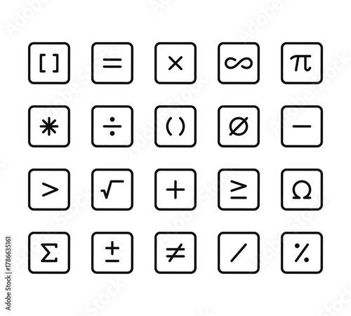20 set of outline web math symbols icons such as equal, asterisk, greater than, sigma, not equal vector thin icons for report, presentation, diagram, web design, mobile app