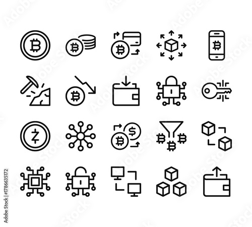 20 set of outline web cryptocurrency icons such as bitcoin, bitcoin mining,  , cryptocurrency, peer to peer vector thin icons for report, presentation, diagram, web design, mobile app