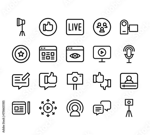 20 set of outline web influencer icons such as like, fame, feedback, blogger, influencer vector thin icons for report, presentation, diagram, web design, mobile app