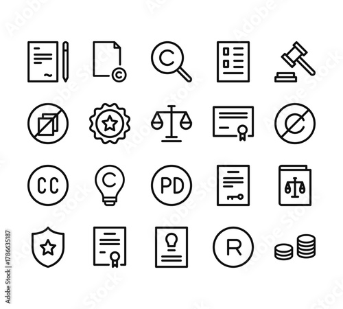 20 set of outline web copyright icons such as copyright, plagiarism, creative commons, guarantee, intellectual property vector thin icons for report, presentation, diagram, web design, mobile app
