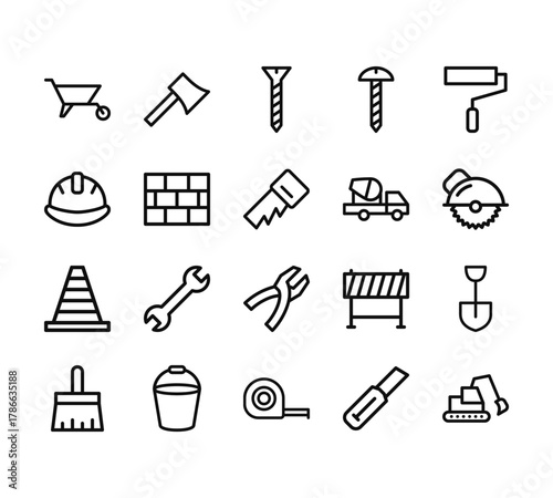 20 set of outline web construction icons such as axe, helmet, cone, paint brush, measuring tape vector thin icons for report, presentation, diagram, web design, mobile app