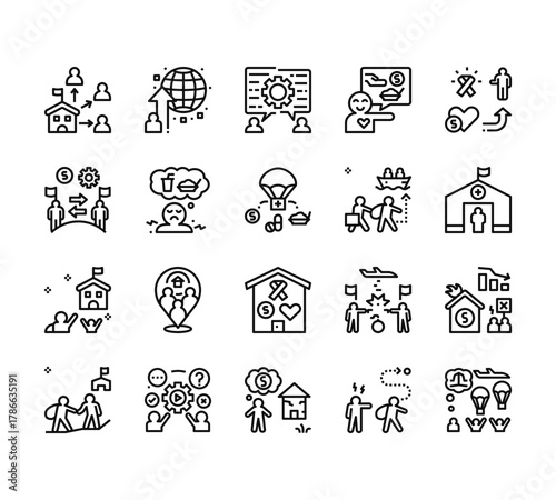 20 set of outline web refugee crisis icons such as  , exchange, asylum, help, poverty vector thin icons for report, presentation, diagram, web design, mobile app