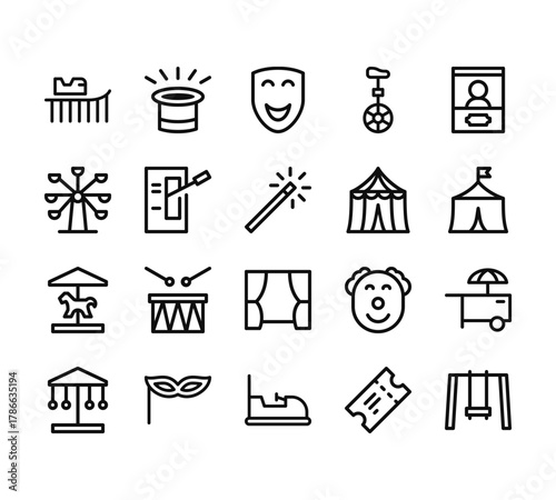 20 set of outline web carnival icons such as magic trick, ferris wheel, carousel, carousel, bumper car vector thin icons for report, presentation, diagram, web design, mobile app