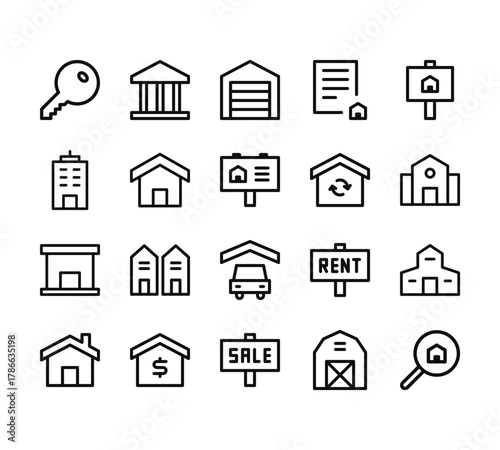 20 set of outline web building icons such as museum, skyscraper, real estate, real estate, sale vector thin icons for report, presentation, diagram, web design, mobile app