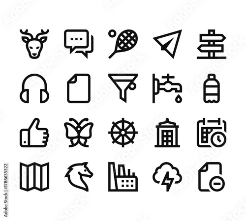 20 set of outline web miscellaneous icons such as chat, headphones, like, map, factory vector thin icons for report, presentation, diagram, web design, mobile app