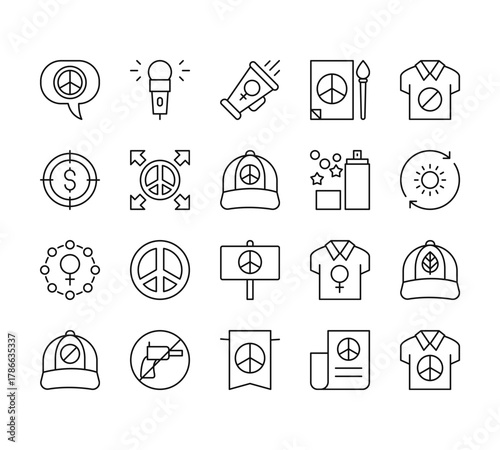 20 set of outline web activist icons such as microphone, target, female, baseball cap, banner vector thin icons for report, presentation, diagram, web design, mobile app
