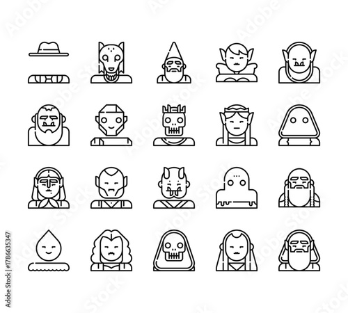 20 set of outline web fantastic characters icons such as werewolf, bigfoot, witch, spirit, death vector thin icons for report, presentation, diagram, web design, mobile app