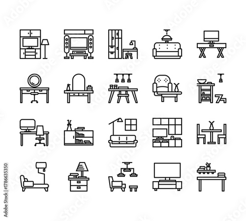 20 set of outline web interior furniture icons such as home cinema, dressing table, desk, armchair, livingroom vector thin icons for report, presentation, diagram, web design, mobile app