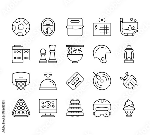 20 set of outline web hobbies icons such as plane, negative film, hoop, billiard, xylophone vector thin icons for report, presentation, diagram, web design, mobile app