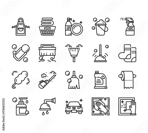 20 set of outline web hygiene icons such as laundry, soap, duster, gel, car vector thin icons for report, presentation, diagram, web design, mobile app