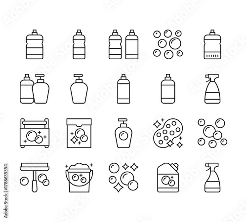 20 set of outline web housekeeping icons such as clean, bottles, cleaning, squeegee, bubbles vector thin icons for report, presentation, diagram, web design, mobile app