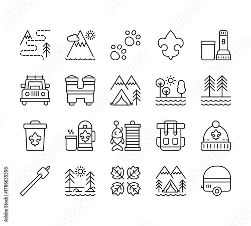 20 set of outline web scouts icons such as mountain, car, bin, marshmallow, autumn vector thin icons for report, presentation, diagram, web design, mobile app
