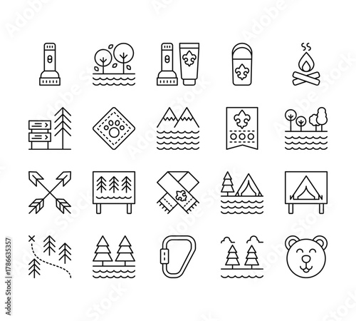 20 set of outline web scouts icons such as lake,  , arrows, map, carabiner vector thin icons for report, presentation, diagram, web design, mobile app