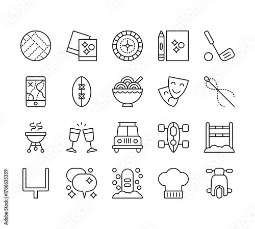 20 set of outline web hobbies icons such as  , smartphone,  goal post, snowboarding vector thin icons for report, presentation, diagram, web design, mobile