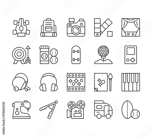 20 set of outline web hobbies icons such as backpack, archery, table tennis, sewing hine, film vector thin icons for report, presentation, diagram, web design, mobile app