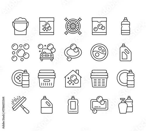 20 set of outline web housekeeping icons such as laundry, bubbles, cleaner, window cleaner, cleaner vector thin icons for report, presentation, diagram, web design, mobile app