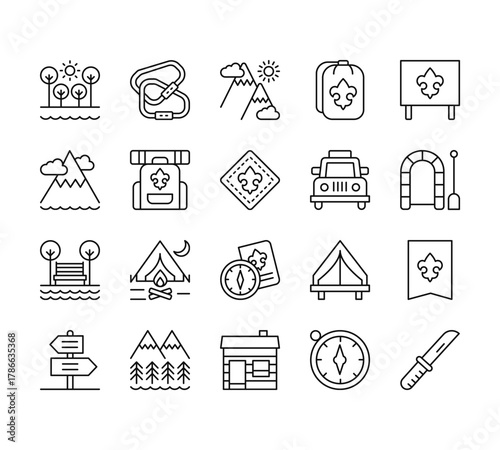 20 set of outline web scouts icons such as carabiner, mountain, river,  , hut vector thin icons for report, presentation, diagram, web design, mobile app