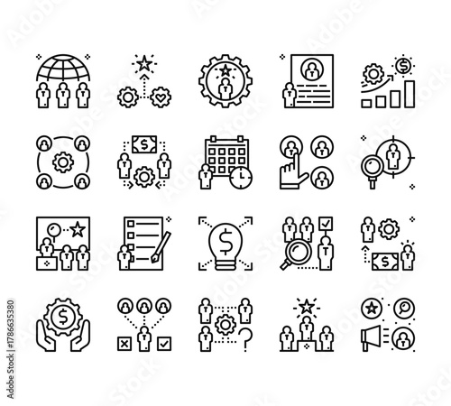 20 set of outline web recruitment icons such as process, workforce, interview, hands, vacancy vector thin icons for report, presentation, diagram, web design, mobile app