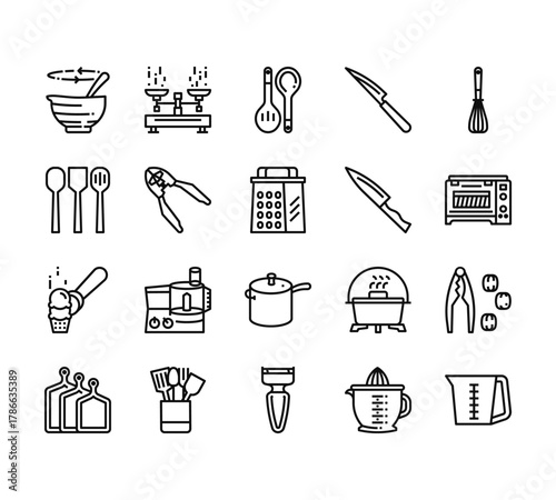 20 set of outline web kitchen icons such as scale, kitchenware, ice cream, cutting board, peeler vector thin icons for report, presentation, diagram, web design, mobile app