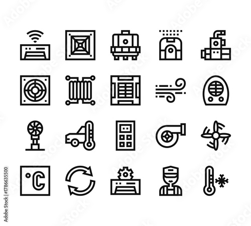 20 set of outline web air conditioner icons such as ceiling, fan, fan, celsius, air conditioner vector thin icons for report, presentation, diagram, web design, mobile app