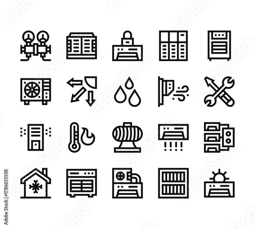 20 set of outline web air conditioner icons such as condenser, air conditioner, air purifier, house, conditioner vector thin icons for report, presentation, diagram, web design, mobile app