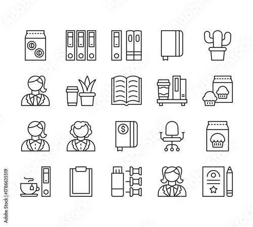 20 set of outline web workplace icons such as folder, businesswoman, businesswoman, tea cup, pendrive vector thin icons for report, presentation, diagram, web design, mobile app