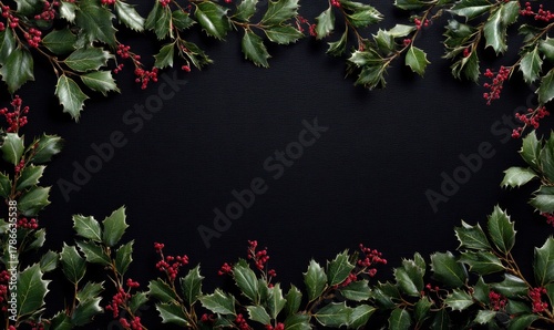 A black background with a frame of evergreen leaves and berries
