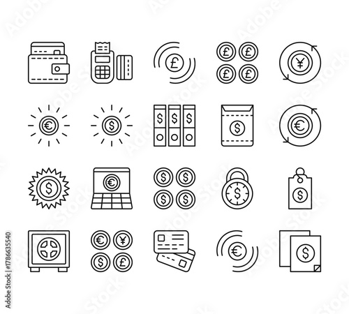 20 set of outline web money icons such as point of service, euro, dollar, safebox, credit card vector thin icons for report, presentation, diagram, web design, mobile app
