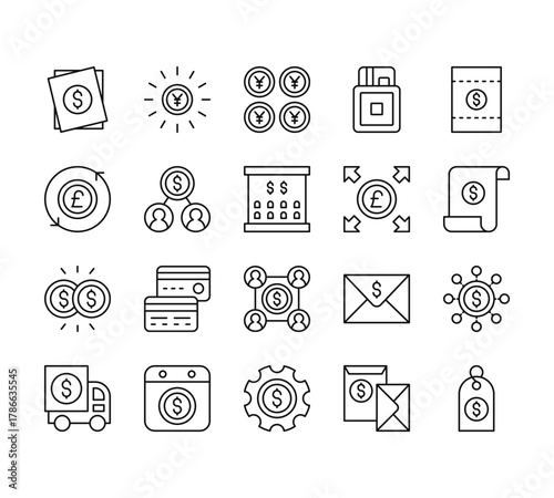 20 set of outline web money icons such as yen, pound sterling, dollar, truck, tings vector thin icons for report, presentation, diagram, web design, mobile app