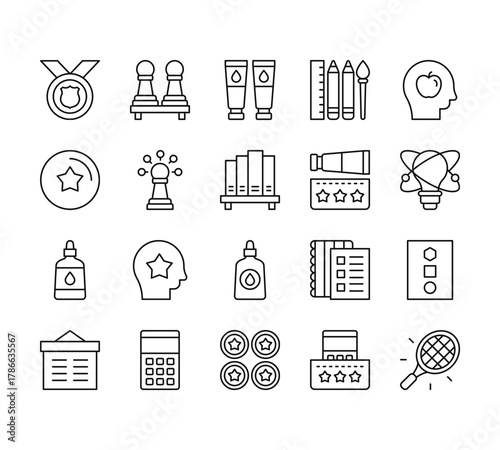 20 set of outline web education icons such as chess, medal, glue, presentation, star vector thin icons for report, presentation, diagram, web design, mobile app