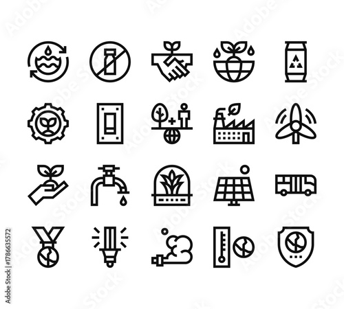 20 set of outline web mother earth day icons such as plastic bottle, soil, tree, medal, pollution vector thin icons for report, presentation, diagram, web design, mobile app