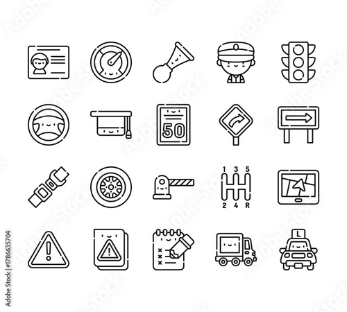 20 set of outline web driving school icons such as speedometer, steering wheel, safety belt, precaution, review vector thin icons for report, presentation, diagram, web design, mobile app