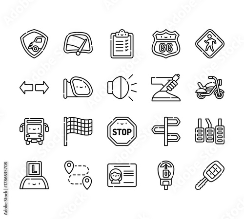 20 set of outline web driving school icons such as wiper, turn, bus, learning, driving license vector thin icons for report, presentation, diagram, web design, mobile app