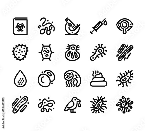 20 set of outline web virus icons such as syphilis, spore, infected, cell, bird flu vector thin icons for report, presentation, diagram, web design, mobile app