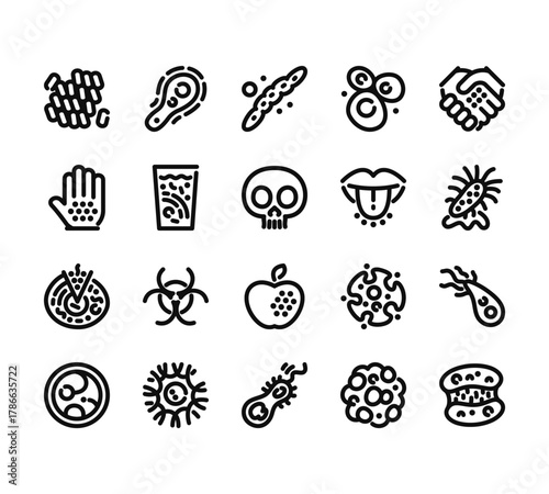 20 set of outline web virus icons such as fungus, hand, prion, petri dish, parasite vector thin icons for report, presentation, diagram, web design, mobile app