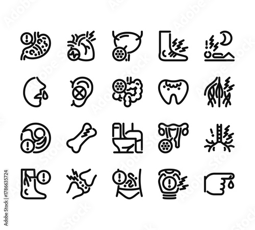 20 set of outline web disease icons such as heart rate, rhinitis, fetus, varicose veins, parasite vector thin icons for report, presentation, diagram, web design, mobile app