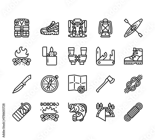 20 set of outline web camping icons such as boots, campfire, knife, sleeping bag, fishing vector thin icons for report, presentation, diagram, web design, mobile app