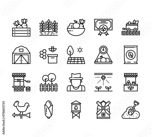 20 set of outline web farm icons such as barley, barn, well, weather vane, water tank vector thin icons for report, presentation, diagram, web design, mobile app