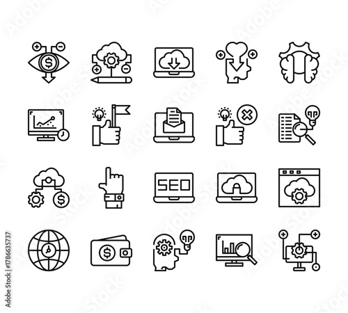 20 set of outline web seo icons such as process, growth, process, time, process vector thin icons for report, presentation, diagram, web design, mobile app